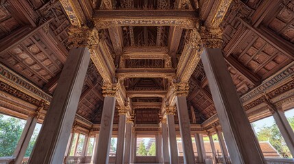 Obraz premium Majestic Thai Architecture: High Ceiling and Carved Beams Symmetry Cinematic Shot