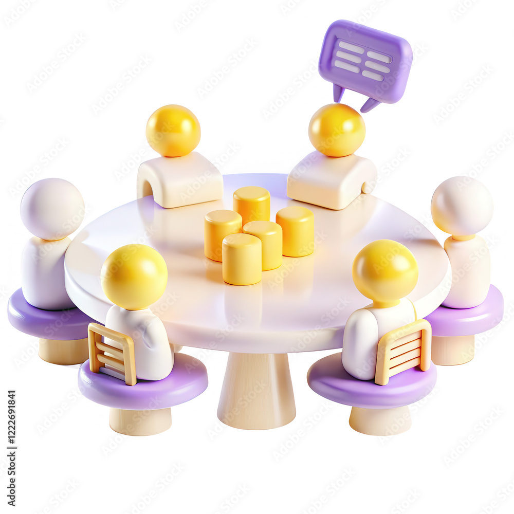 Poster this image features a group of cartoon-style characters sitting around a round table, engaging in a 
