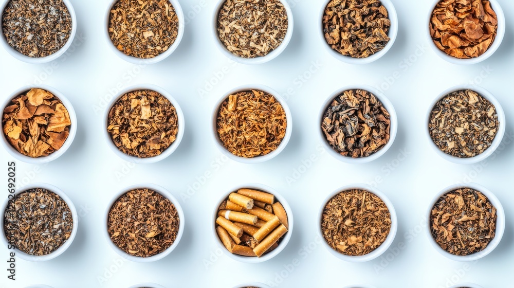 Poster colorful array of dried spices in white bowls arranged in a neat grid on a bright background