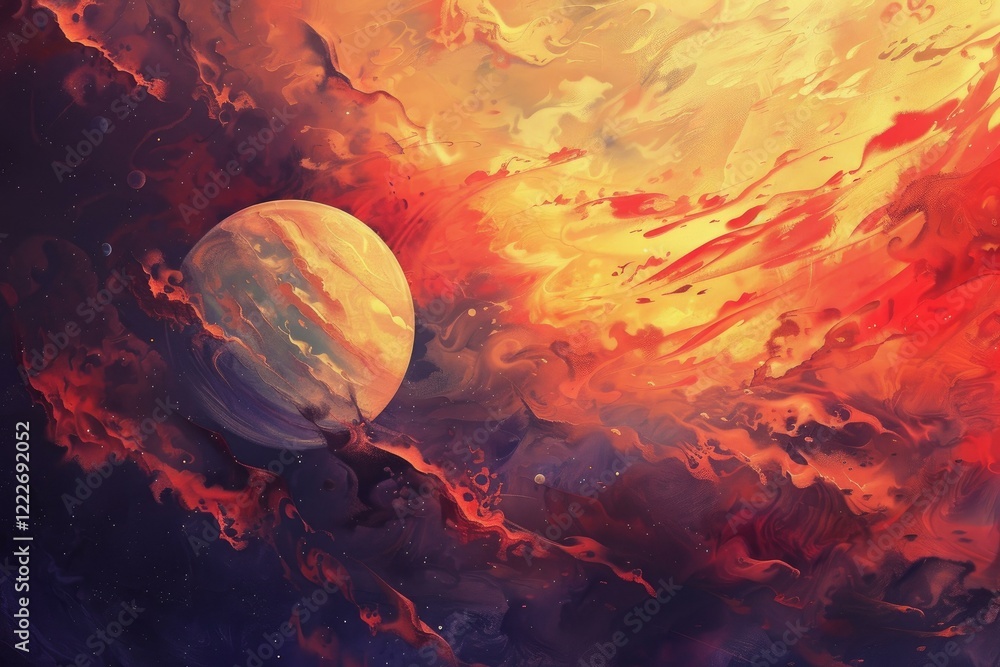 Poster colorful nebula clouds creating a stunning backdrop for a planet, with other celestial bodies adding