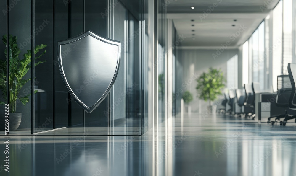 Poster digital shield icon representing security and protection in corporate environment, surrounded by mod