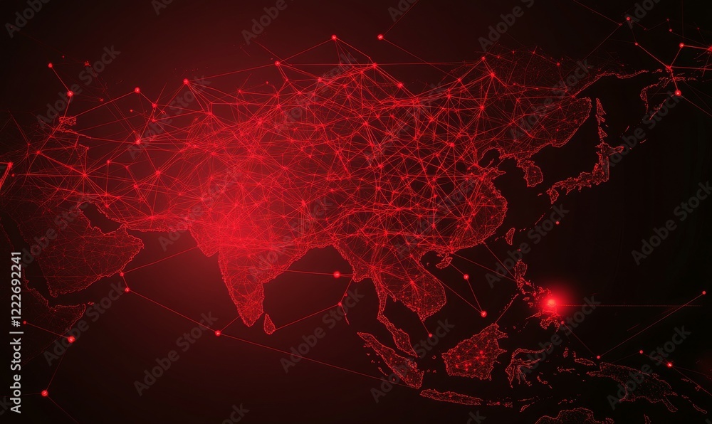 Poster digital representation of asia in red tones, symbolizing technology and cyber defense. intricate net