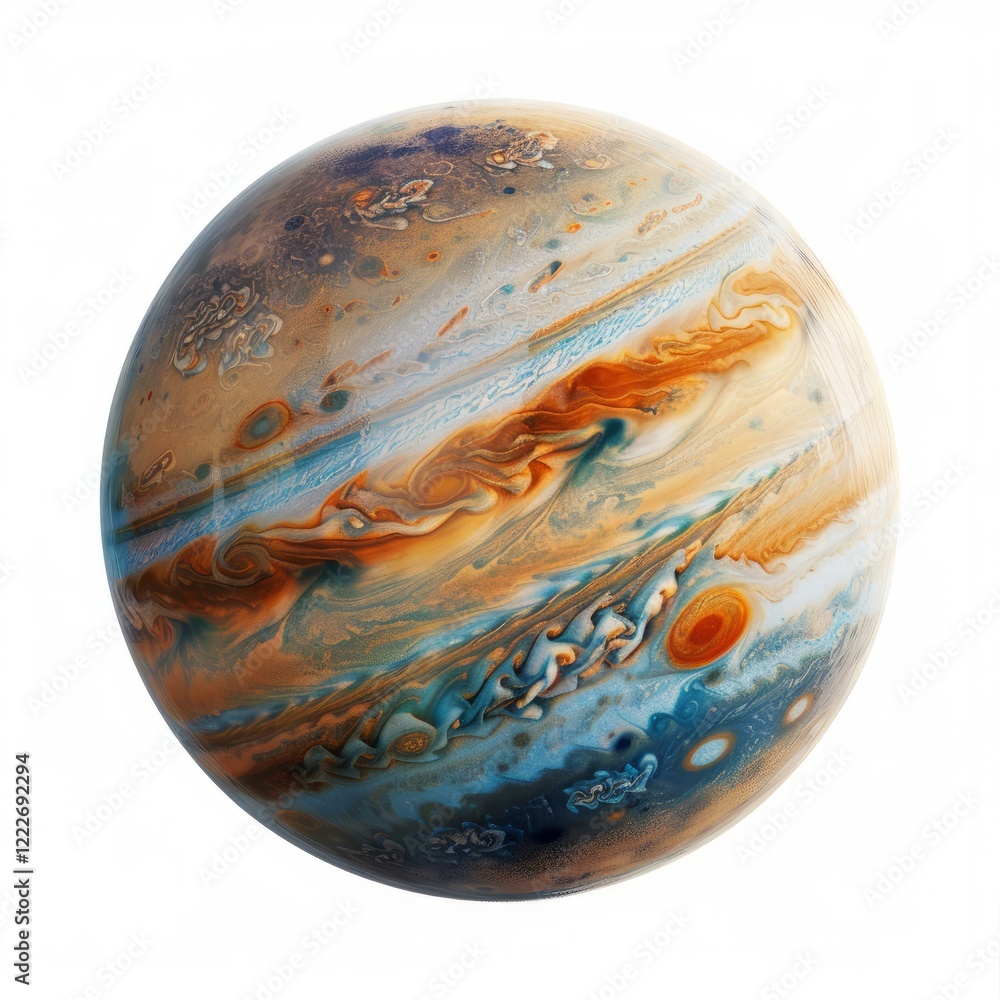 Poster jupiter rotating in space showing its colorful gaseous atmosphere with swirling clouds and great red