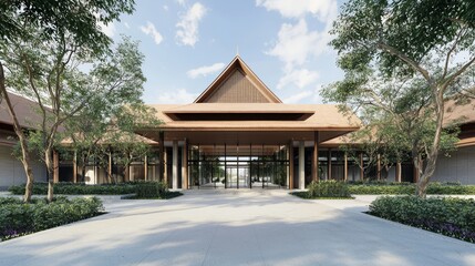 Fototapeta premium Architectural Fusion: Modern Business Center with Traditional Thai Temple Roof Facade and Orchard Stand Cinematic Entrance Display