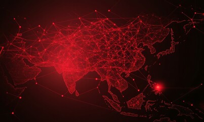 Digital representation of Asia in red tones, symbolizing technology and cyber defense. intricate network design highlights strategic importance of region in global tech dynamics
