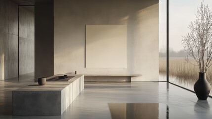 Fototapeta premium Minimalist Interior Design with a Blank Poster Frame Mockup on a Neutral Wall, Concrete Bench, and Elegant Vases in a Modern Space.