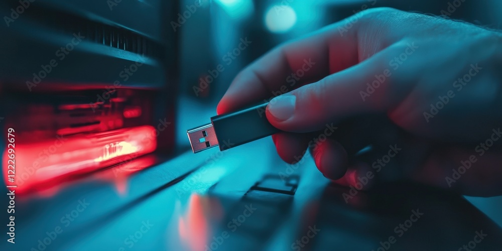 Poster a close-up of a hand plugging a usb drive into a high-security computer