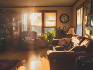 A cozy living room on the first day of Daylight Savings, with a clock showing the time change, people adjusting their schedules, and sunlight streaming through the windows