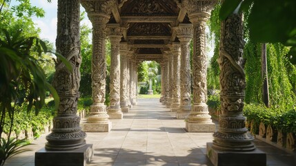 Mythical Carved Columns in Traditional Thai Architecture with Rustling Orchard Background - Cinematic Ultra-Detailed Image