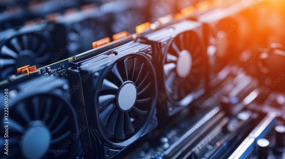 Poster closeup of a computer's graphics processing unit with multiple black cooling fans