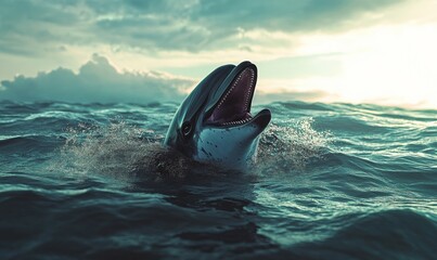 Fototapeta premium Dolphin is swimming in the ocean with its mouth open, making a loud noise. Concept of freedom and joy, as the dolphin is enjoying its time in the water