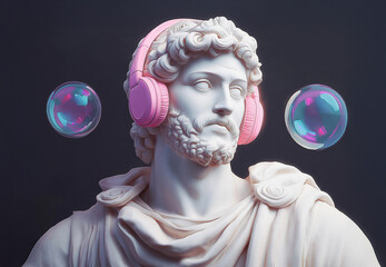 Greek statue wearing headphone isolated