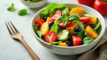 Colorful vegan salad bowl with fresh fruits and vegetables, salad, vegan