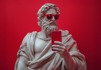Greek statue with smartphone against red background.