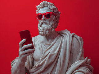 Greek statue with smartphone against red background.