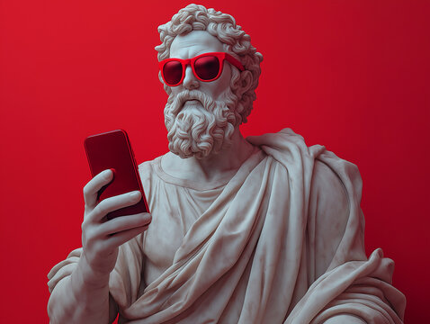 Greek statue with smartphone against red background.