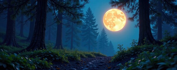 Glowing moon casts an ethereal glow on forest floor, forest floor, peaceful woods, ambient illumination