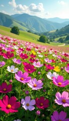 Obraz premium Cosmos flowers blanketing the rolling hills with vibrant colors and delicate petals , colorful, landscape