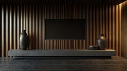 Minimalist Interior Design with a Blank Poster Frame Mockup on a Neutral Wall, Concrete Bench, and Elegant Vases in a Modern Space.