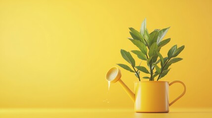Yellow watering can with plant on yellow background.