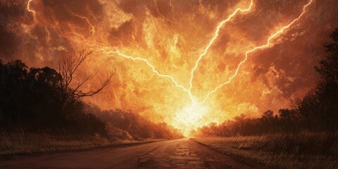A close-up of a lightning strike over a rural road, illuminating the scene