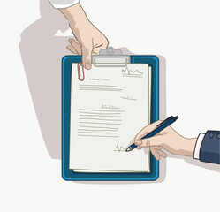 hand giving paper boss hands bussines man in suit signing up contract list paper treaty document isolated on white background