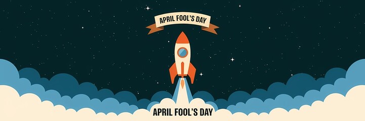 Fototapeta premium A creative minimalist April Fool's Day poster design with a space theme. There's a rocket ship with a banner that says 