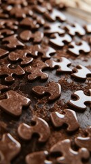 Heart-shaped puzzle pieces scattered on a mocha-toned surface, symbolizing love and connection. .