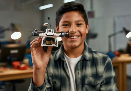 A Native American boy in his early teens holds a small drone he built in a science class.