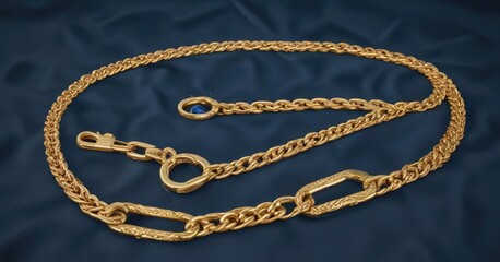 Golden chain adorned with precious stones on a navy blue fabric background, regal look, golden chain