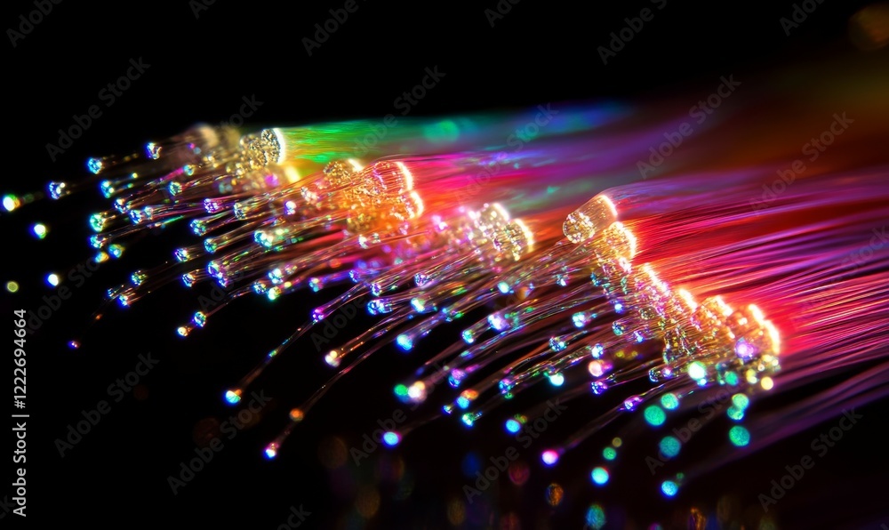 Poster fiber optic performance concept. fiber optic threads creating neural like patterns in vibrant light