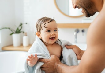 Father gently wrapping his baby in a soft towel after bath time.