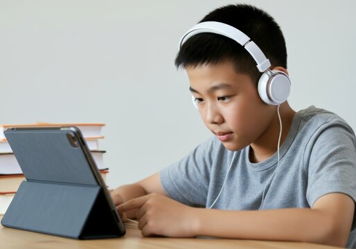 Asian young boy using tablet with headphones at desk with books in background