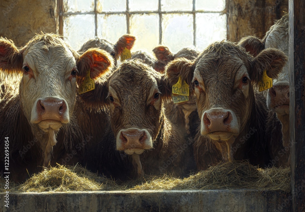 Poster a close-up view of curious cows in a rustic barn with natural light filtering through windows, highl