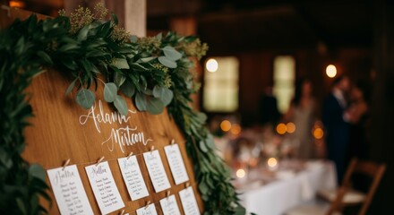 Wedding reception seating chart with greenery in rustic setting