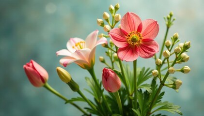 Obraz premium Delicate flower stems wrapped in soft greenery, forming a lush bouquet , spring flowers, plant arrangement