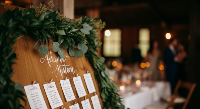 Wedding reception seating chart with greenery in rustic setting