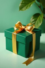 Delicate green gift box wrapped in luxurious gold paper with a ribbon tie, ribbon, package