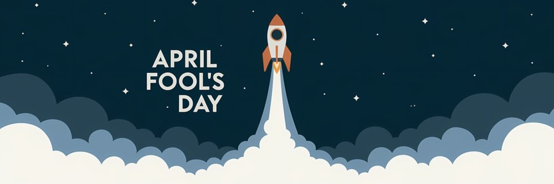 A minimalist April Fool's Day poster design with a space theme. There's a rocket ship with smoke trails going upwards into the sky filled with stars. The text "April Fool's Day" is written 