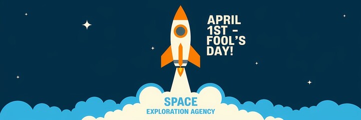 A creative minimalist April Fool's Day poster design with a space theme. The design features a rocket ship with the text "April 1st - Fool's Day!" written on it. 