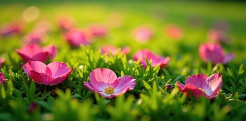 Obraz premium Delicate pink rose petals scattered on a lush green grass, blossoms, flowers