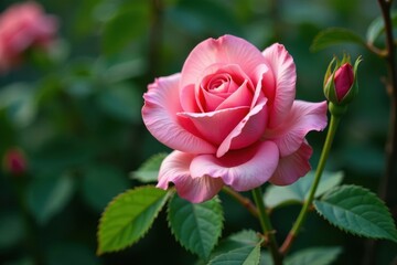 Delicate rose flower with lush green leaves forming a beautiful frame around its center, greenery, frame