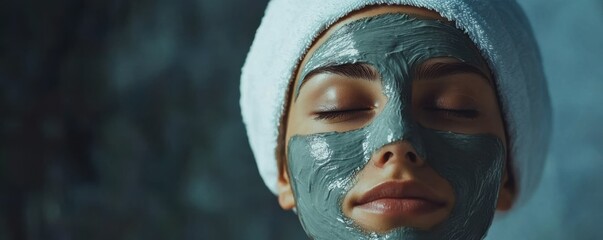 Asian female with spa facial mask and towel relaxing in tranquil setting