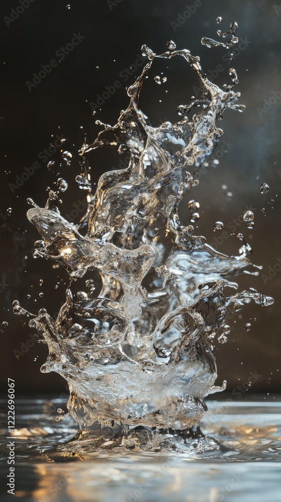 Poster droplets of water colliding and forming a suspended splash, capturing dynamic movement frozen in tim
