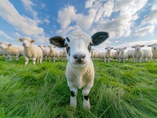 Fototapeta premium A Curious Lamb Stands Proudly in a Lush Green Meadow Surrounded by a Group of Sheep Under a Bright Blue Sky with Fluffy White Clouds