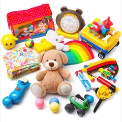 Naklejka premium Colorful toys and plush toys on white background; playtime fun