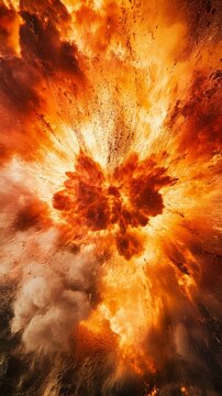 Dynamic flame waves exploding outward, vivid reds and yellows engulfing the scene, creating an abstract sense of motion and destruction