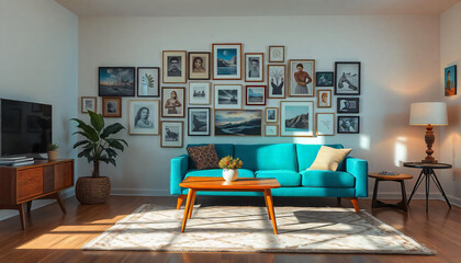 A living room midcentury style with a lot of artwork frame on the wall.