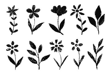 Grunge textured flowers and leaves set. Doodle flowers hand drawn with crayon, chalk and markers texture. Flowers textured modern icons