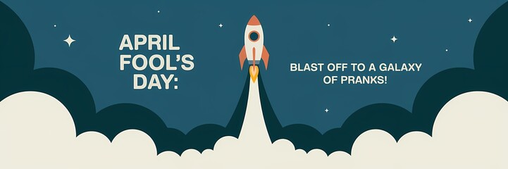 A minimalist April Fool's Day poster design with a space theme. There's a rocket ship blasting off into the sky, with the text "April Fool's Day: Blast off to a galaxy of pranks!" written in bold